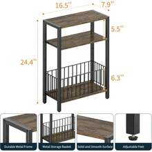 Narrow Side Table With Storage Basket, Small End Table For Small Spaces Skinny Side Tables Living Room Bedroom, Slim Nightstand 3 Tier Bedside Table Space-Saving For Magazine, Rustic Brown