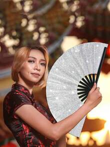 女士闪亮手扇，大型派对风格折扇，生日主题表演及节日舞会礼物，多种款式可选 - 彩色 - 查看 5