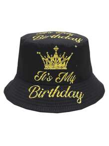 Elegante cappello secchiello con design della corona "È il mio compleanno" - leggero, nero con scritte dorate, 1 pezzo cappello secchiello in poliestere per feste di compleanno