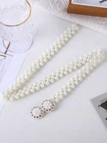 1pc Girl Stretch Pearl Belt Adjustable Rhinestones Silver Twin Flower Alloy Buckle Elastic Waist Chain For Party And Wedding Dress Sash,Back To School Winter Gift Ideas Boy Girl Valentine's Day