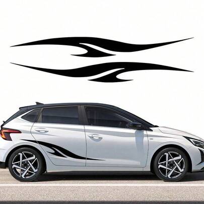 2 件汽车侧条纹酷炫赛车贴纸 - 光面，不对称形状，带有运动几何和卡通图案，一次性自粘图形，有趣时尚的图形 DIY 造型贴纸，适用于大多数汽车