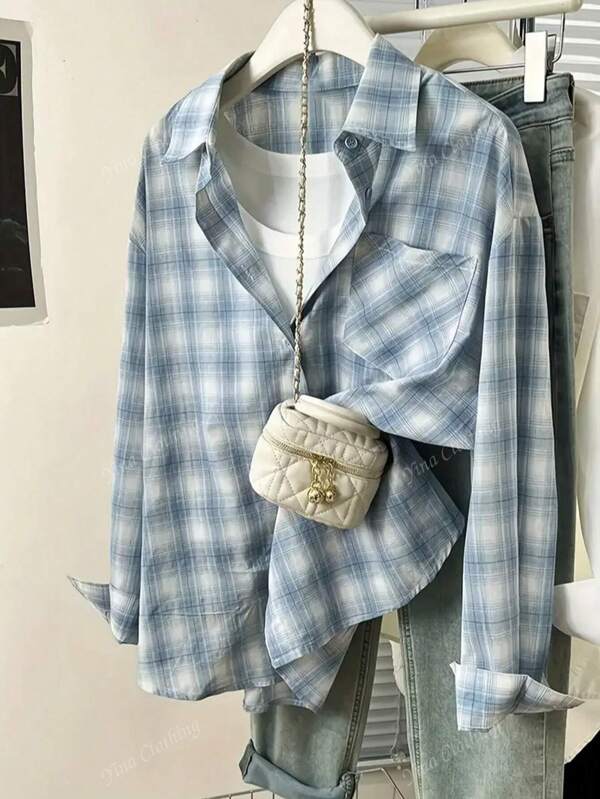 Women Plaid Button Pocket Drawstring Long Sleeve Casual Shirt