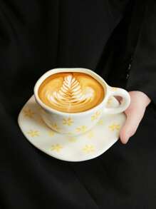 1pc Hand-Painted Floral/Yellow Stamen Ceramic Coffee Cup And Saucer Set, Suitable For Home, Office, Cafe Use, Ideal Gift For Women, Mom, Birthday Back To School