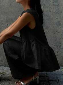 Women's Casual Elegant Linen V-Neck Ruffle Hem Vest And Pants 2-Piece Set, Suitable For Dates, Holidays, Spring/Summer Outfits, Daily Wear, New Year, Valentine's Day - Black - View 4