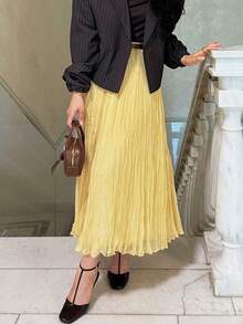 Women's Pleated Skirt, Yellow Long Skirt, Women's Fashion Pleated Skirt, Elegant Women's Chiffon Sheer Skirt, High Waist Skirt For Summer - Yellow - View 5