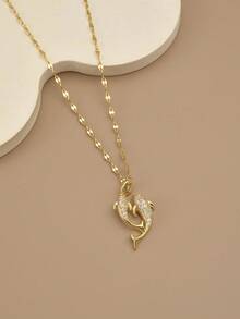 1 件可爱水钻镶嵌不锈钢海豚和海洋生物项链，精美沙滩装珠宝，海洋主题系列 - 金黃色 - 查看 11