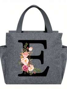 1pc Elegant Floral & Letter Tote Bag - Insulated Lunch Bag, Made Of Durable Polyester, Grey With Pink Flowers & Green Leaves, Suitable For Office, School And Outdoor Picnic