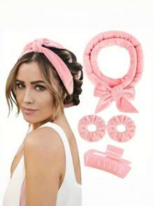 4pcs Women's No Heat Hair Styling Tools Heatless Curling Hair Roller, Hair Clip, Hair Tie ,Beauty ,Hair Accessories - Pink 4pcs - View 11