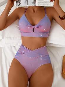 Summer Spring Swimwear Cross Strap Gradient Color 2-Piece Bikini Knot V-Neck Swimsuit Suitable For Beach Pool Women's Swimwear And Clothing High Waist Back Adjustable Shoulder Strap Women's Bikini Set Beachwear - Red Violet - View 1