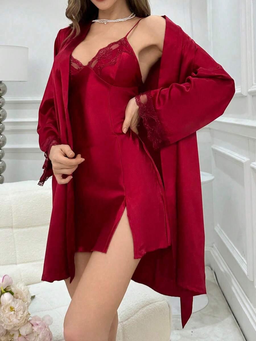 2-Piece/Two-Piece Sleepwear Set For Women With Nightgowns And Robes For Autumn, Winter, Spring And Summer, White Nightgown And Robe Set With Embroidered Tulle And Satin Hem, Long-Sleeved Robe And Sleepwear Set With Lace And Straps For Women, Elegant Loungewear - Màu Đỏ Sâu - Xem 1