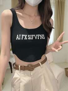 2025 New Women's Monogram Vest Summer Short Suspender Chest Padded Tops Summer Clothes Bustier Round Neck Sports Vest Sleeveless Tops Stretch Slim Fit Irregular Hem Tank Top
