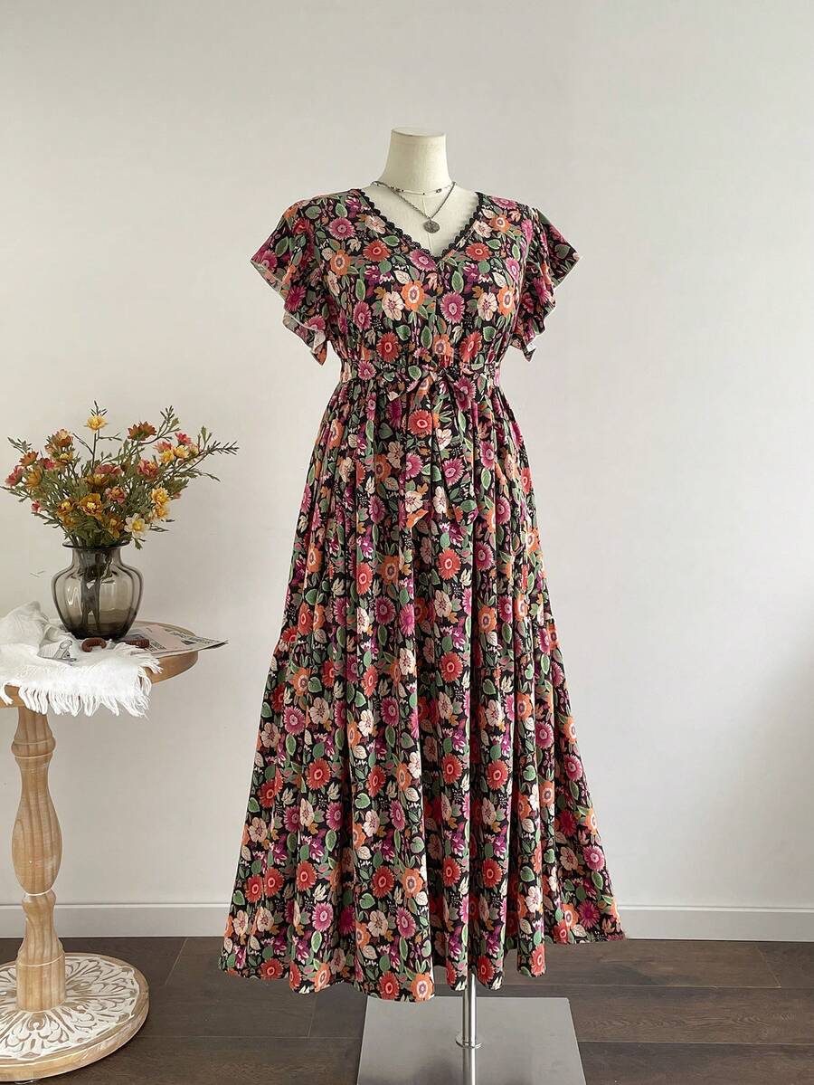 Rusttydustty Đầm Maxi Hoa Màu Đen Cỡ Lớn Cổ Chữ V Tay Ngắn Buộc Eo In Hoa Nhiều Màu Đầm Dài Cho Hàng Ngày & Kỳ Nghỉ Đầm Họa Tiết Hoa Boho - màu đen - Xem 1