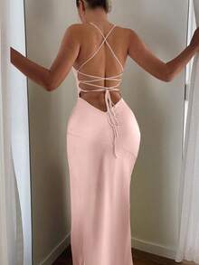 Summer Sexy Backless Maxi Dress Spaghetti Strap Bodycon Evening Dress, Low Cut Party Long Dress For Women, Wedding Guest Dress Women - Hồng - Xem 5
