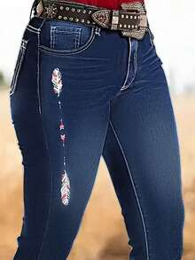 Plus Size Women's Stretchy Skinny Jeans - High Waist Bootcut Denim Pants With Floral Embroidery & Side Pockets, Comfortable Big Size Bell Bottom Trousers For Curvy Ladies - 深色水洗藍 - 查看 5