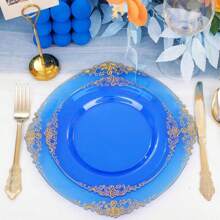 Reusable Transparent Blue Lace Gold-Rimmed Fruit Salad Plate, Suitable For Family Gatherings, Parties, Birthdays, Weddings, Outdoor Activities, Team Building, Etc.