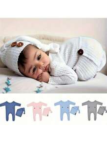 Conjunto de Roupas Macacão de Tricô de Manga Longa com Gorro para Recém-Nascido, Roupas de Fotografia para Bebês Meninos, Roupa para Sessão Fotográfica de Crianças Pequenas