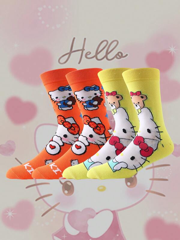 Sanrio 2 Pairs Sanrio Hello Kitty Cartoon Mid-Calf Socks, Unisex Funny Cute Comfortable Socks For Men And Women, Suitable For Summer And Other Seasons, Can Be Used As Mother's Day Gift
