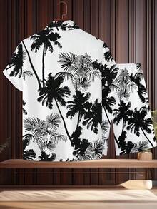 2pcs/Set Plus Size Men's Casual Daily Coconut Tree 3D Print Short Sleeve Polo Shirt & Shorts Set, Suitable For Summer