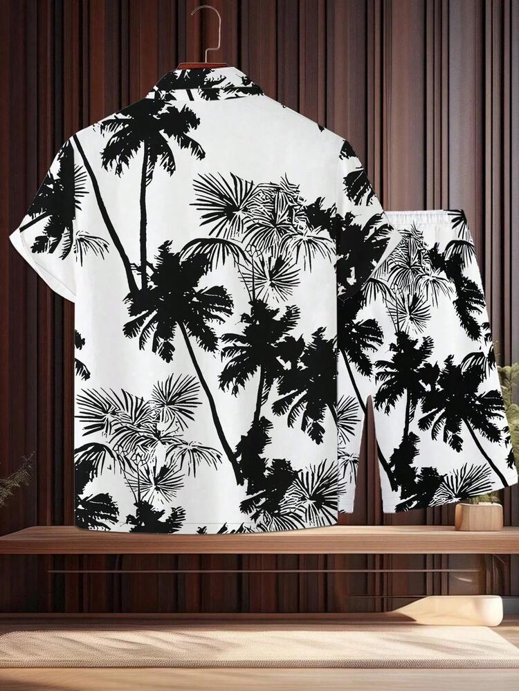 2pcs/Set Plus Size Men's Casual Daily Coconut Tree Digital Print Short Sleeve Polo Shirt And Shorts Set, Suitable For Summer - Multicolor - View 2