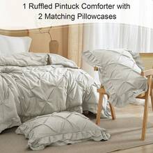 Vclife Vintage Floral Comforter Set Four Sizes, All Seasons Muslin Cotton Bedding Set, 3 Pieces Farmhouse Shabby Chic Jacquard Floral Comforter Set Perfect For Women And Men - 胖被套裝-抓皺+雙層荷葉邊-裸灰 - 查看 5