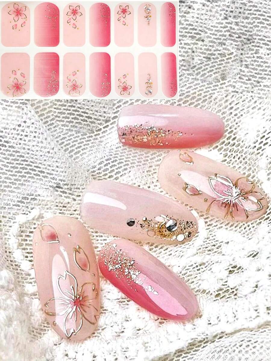 女士旅行派对美甲装饰粉色花叶美甲贴纸，流行郁金香菊花美甲贴纸DIY组合 - 彩色 - 查看 1
