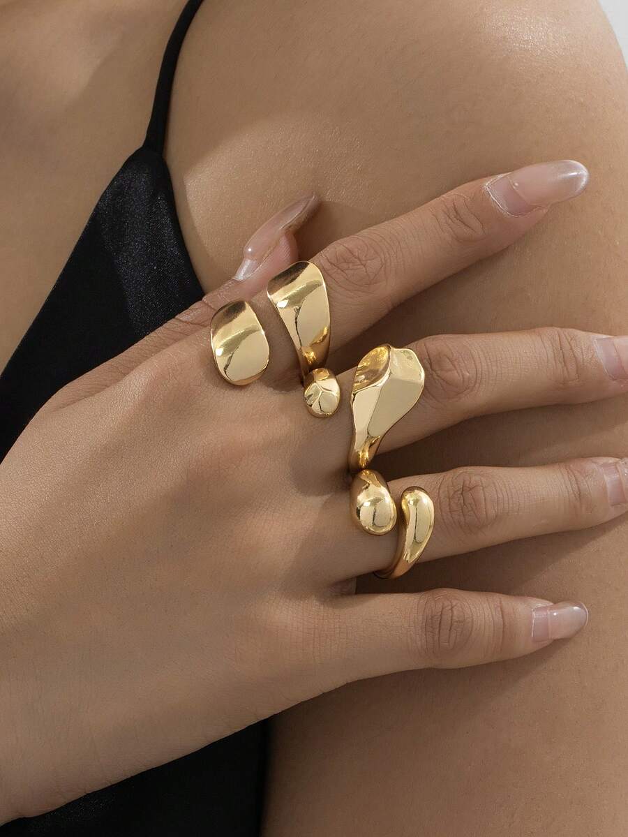 Set de 3 anillos dorados geométricos huecos, con diseño sencillo y de moda - Amarillo Oro - Ver 1