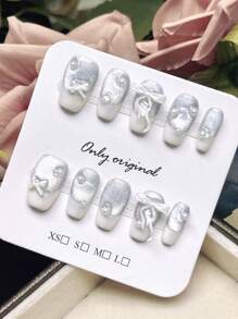 10PCS White Press On Nails Short Coffin Nails, Summer Nails, French Nail Supplies, Cat Eye, Bow Short Nails Home DIY Nail Design Full Coverage Fake Nail Tips Artifical Fingernails For Women And Girls Manicure Supplies Office Daily Wear False Nails, Purely Hand-Wear Nails, Handmade Press On Nails