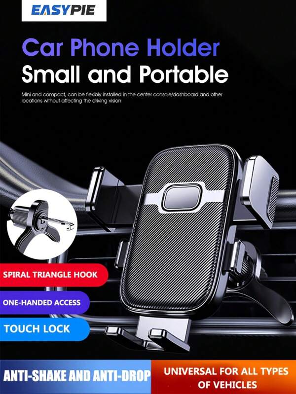 Easypie Selection Adjustable Car Phone Holder - 360° Rotatable Air Vent Clip, One-Hand Release, Sturdy Metal Hook, Fits 4.2-7.2 Inch Smartphones, Black ABS+Silicone