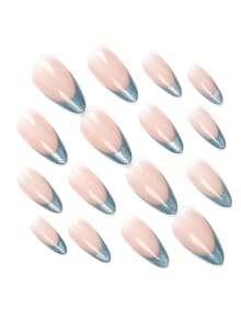 48pcs Medium Almond Classic Glitter French Style Cat Eye Simple Elegant Solid Color Bling Glossy Greenish Full Cover Fake Press On Nail Kit For Women And Girls Suitability Daily