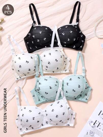 Conjunto de 4 peças de sutiã plissado de renda para meninas adolescentes, roupa íntima estampada para meninas, confortável e respirável, estilo simples para mulheres, adequado para meninas jovens