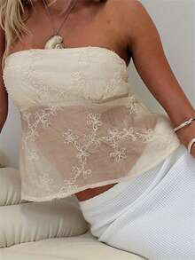 Women Crop Tube Tops Summer See-Through Mesh Off-Shoulder Bandeau Tbackless Shirts For Streetwear - Yellow - View 4