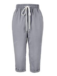 Pantalones casuales de unicolor con cordón y bolsillo para mujer, estilo diario