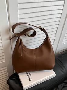 1pc Niche Design Soft PU Solid Color Fashion Minimalist Versatile Mini Shoulder Bag Underarm Bag Handbag For Women - Coffee - View 6