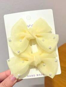 2pcs Girls' Yellow Bow Pearl Duck Clip Hair Clips - Yellow - View 3