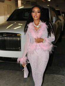 Feathered Trim Mesh Two - Piece Outfits - Long Sleeve Crop Top And Leggings, Ultra - Sexy Style