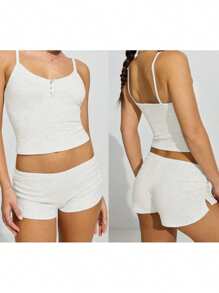 Women Pajama Set Solid Scoop Neck Crop Cami Top Low Rise Mini Shorts 2 Piece Sleepwear Outfit