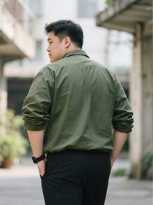 大码男士军绿色商务休闲长袖黑色衬衫，百搭纯色正装衬衫 - 軍綠色 - 查看 2