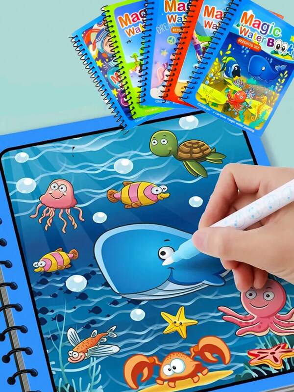 Kinder Magie Wasserbuch mit Stift - Wiederverwendbares Aquarellskizzenbuch für frühes Lernen und kreative Unterhaltung, mit farbenfrohen Illustrationen, toll für Kinder und Vorschulkinder, Wasserspielzeug