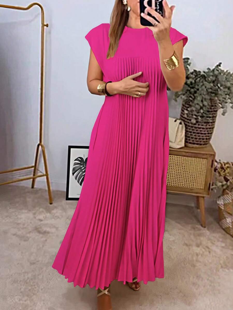 Ladies' Elegant And Simple Solid Color Pleated Dress - 玫紅色 - 查看 1