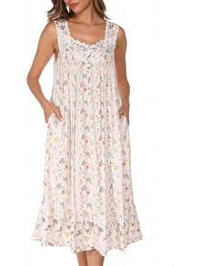 AVIIER Cotton Nightgowns For Women Sleeveless House Dress Ladies Long Nightdress With Pockets S-XXL