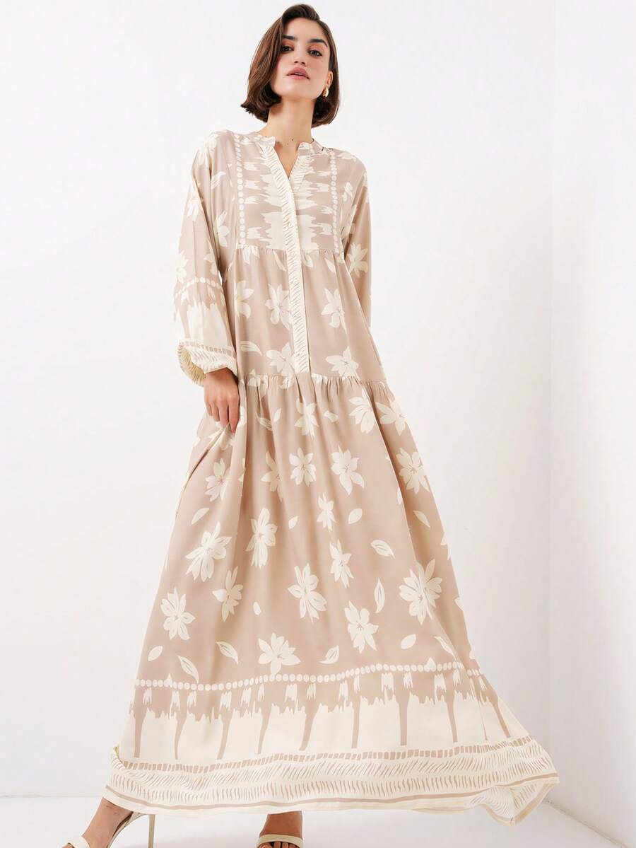 Váy dự tiệc tối hở vai họa tiết hoa chắp vá theo phong cách Bohemian kín đáo - Màu be - Xem 1