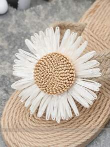 Sandalias de mujer de lino y cuerda, cómodas sandalias de playa bohemias de verano con diseño de girasol trenzado, chanclas de suela blanda EVA de varios colores, sandalias planas tipo chancla para vacaciones de verano - Caqui - Ver 7