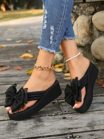 女士黑色厚底蝴蝶结拖鞋 - 时尚夏季拖鞋，舒适 EVA 材质，厚底适合户外穿着，非常适合休闲海滩或花园，露趾凉鞋，耐用牵引鞋，沙滩鞋