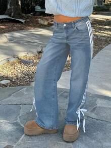 2025 Cross-Border New Products In Stock American Y2k Street Popular Bow Webbing Low-Rise Straight Women's Jeans