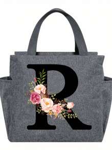 1pc Elegant Floral & Letter Tote Bag - Insulated Lunch Bag, Made Of Durable Polyester, Grey With Pink Flowers & Green Leaves, Suitable For Office, School And Outdoor Picnic