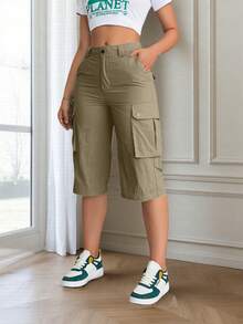 女士休闲复古工装中长短裤，带翻盖口袋，适合俱乐部、生日派对、商务场合、音乐会、健身房、郊游、机场、返校季、教师节、春季、夏季、秋季穿着。