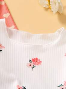 4 件套休闲可爱心形和花朵随机印花圆领长袖上衣和裤子家居服套装