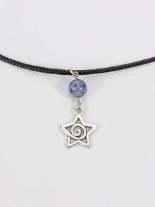 1 chiếc vòng cổ mặt dây chuyền hình ngôi sao xoáy bạc phong cách Y2K, quà tặng trang sức thẩm mỹ cho phụ nữ - Ngôi sao năm cánh xoáy đá chấm xanh - Xem 5