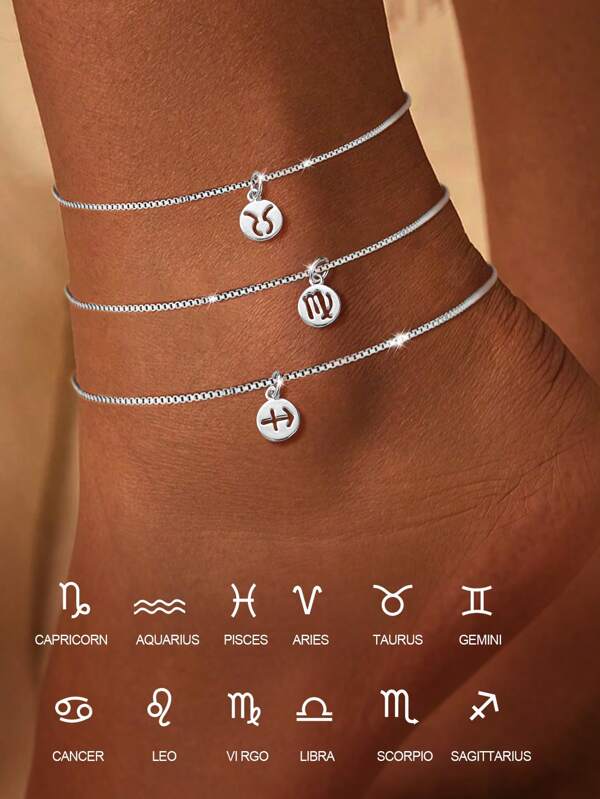 1 PIEZA Tobillera de plata esterlina con 12 constelaciones para mujeres y niñas, Brazalete de tobillo ajustable con signo del zodiaco, regalo de cumpleaños de playa