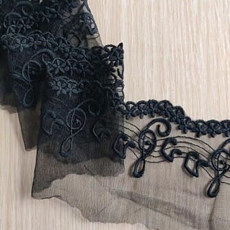 1 yarda de tela de encaje con borde bordado con diseño de notas musicales en blanco y negro, apropiada para manualidades de costura DIY y confección de prendas